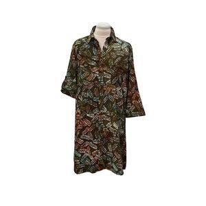 GO FISH Batik Button Up Collared Shirt Dress LARGE Rayon Resort Wear Beachy Boho